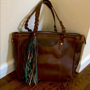 Brown leather purse with turquoise fringe